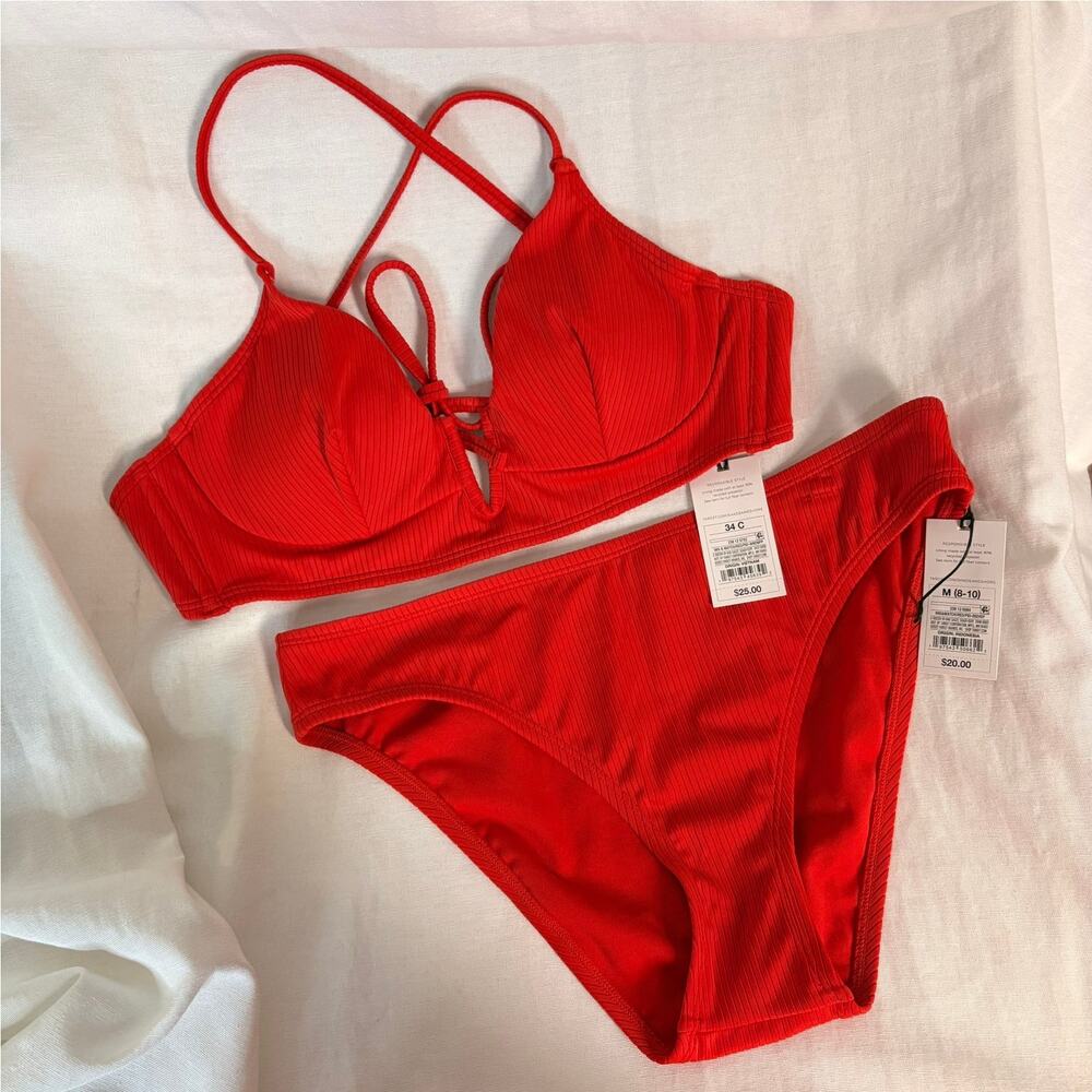 Shade & Shore Ribbed Red Bikini Set One Shoulder & Lace-Up Size M/34C NWT